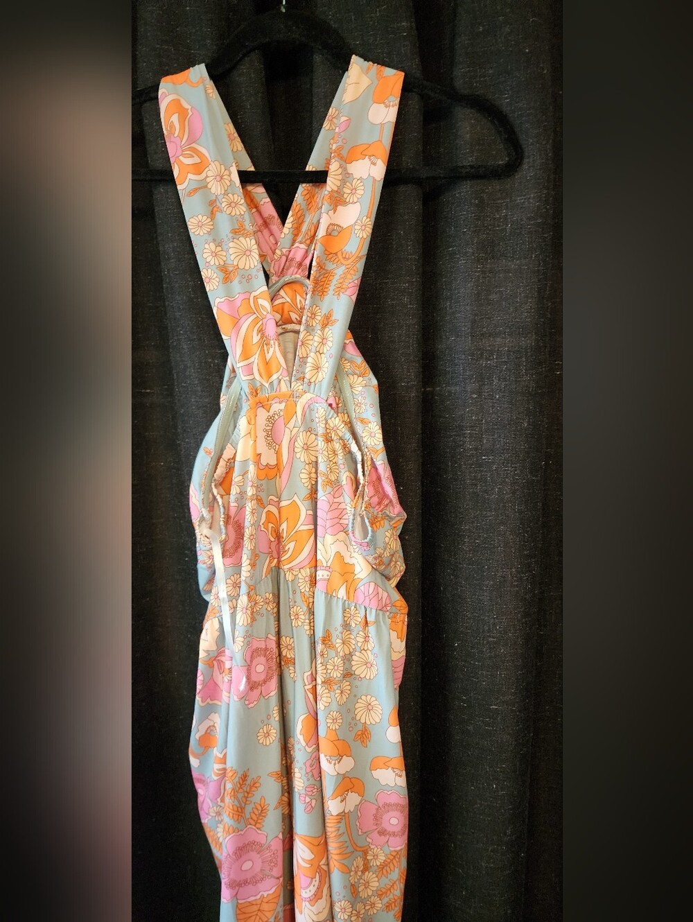 Grace Karin Floral Maxi Dress 2XL Retro Blue Orange Print Pockets Boho - Picture 5 of 7